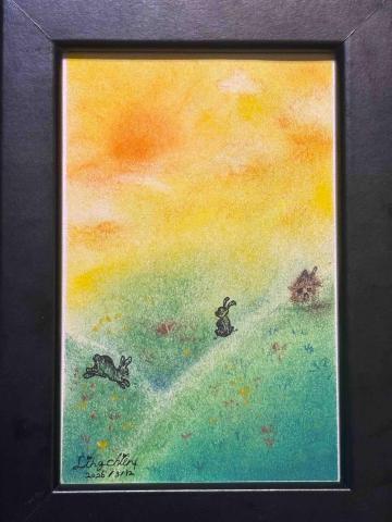 Erica - 手繪-粉彩-草原上的兔子