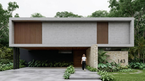 閣雅設計 - 融合了極簡主義與野獸派美學。建築主體採用清水模與垂直木格柵，搭配粗糙天然石牆，肌理層次豐富。正面對稱構圖展現結構張力。你徐徐走向這處私人庇護所。整體設計追求粗獷材料與大自然的共生，營造出隱秘、寧靜且充滿禪意的私人度假體驗。----閣雅設計