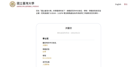 洪蕾欣 - 台大人類學系在學證明