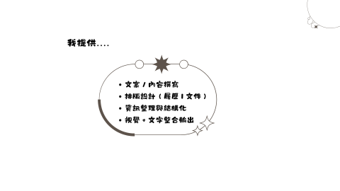 許凱晴 - 將想法與內容整理成可以被閱讀的形式，
透過文字與排版，讓資訊更清楚，也更有感。
適合需要整理內容、優化呈現的人。