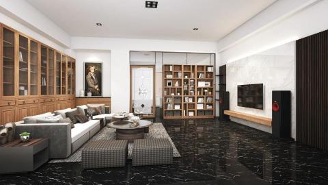 水漾立方室內裝修設計 - 當空間，不只是空間，而是一種氣場的展現。

大尺度格局搭配深色石紋地坪，勾勒出沉穩而有力量的視覺張力；溫潤木質書牆與極簡電視主牆交織，讓理性與品味完美平衡。通透玻璃隔間引入光線與層次，讓開闊與私密恰到好處地共存。

這不只是客廳，而是屬於你低調奢華、從容掌控生活的核心場域。