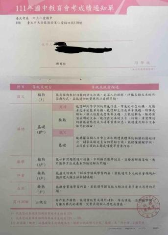 陳宥任 - 會考成績單
