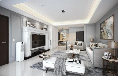 水漾立方室內裝修設計 - 透天厝老屋改修，讓家，成為你品味生活的延伸。

典雅線板牆面，勾勒出法式輕奢的細膩層次；純淨灰白色調，搭配大理石紋茶几與柔軟織品，營造出沉穩而不失溫度的空間氛圍。客餐廳一體的開放設計，讓交流更自然，光線自在流動，每一刻都顯得從容優雅。

這不只是客廳，是屬於你與家人共享質感時光的生活場域。