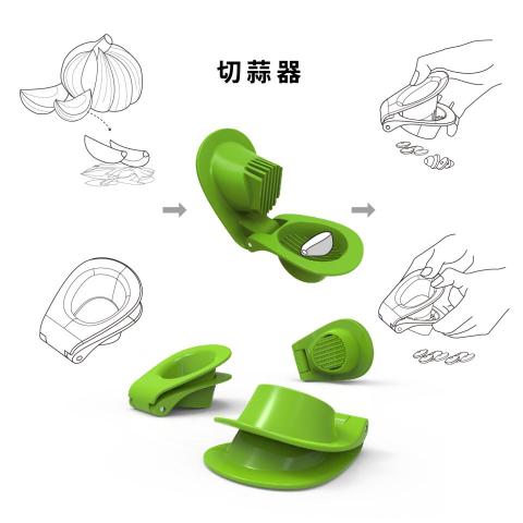 新器象創意有限公司 - 切蒜器，提高切蒜片安全的設計，放入蒜頭，省力按壓即可獲得切好的蒜片！