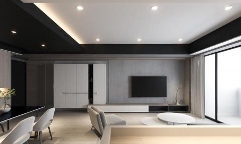 只原空間設計 - 設計主題：極簡線性與光影層次
本案以黑、白、灰三色為基調，結合溫潤的淺木質元素，營造出一個冷靜而不失溫度的現代生活空間。設計核心在於透過「塊體」與「線性照明」的交織，打破大坪數空間的單調感。

1. 空間佈局：開放式與半牆設計
客餐廳整合： 採用開放式平面配置，讓客廳、餐飲區與書房（或多功能區）視覺連貫，極大地提升了採光效率與空間感。

多功能半牆： 沙發後方設置矮牆作為場域界定，既保留了視覺的通