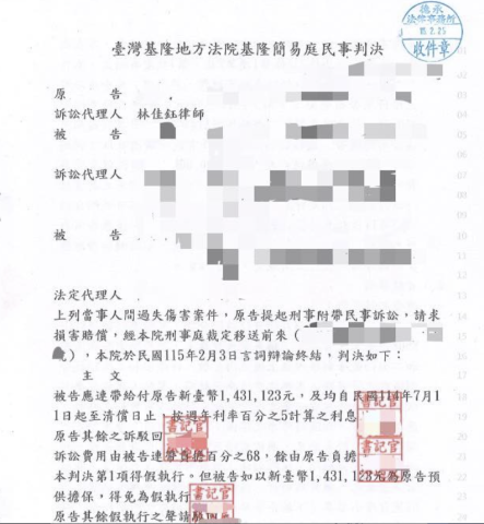 林佳鈺律師 - 順利向被告本人及其公司請求到車禍損賠