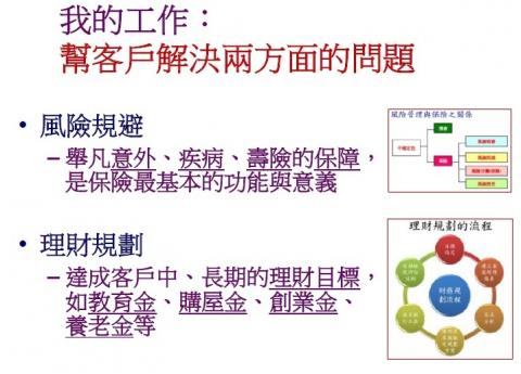 梁士淵 (富邦人壽、華淵科技) - 我的工作：幫客戶解決兩方面的問題
＊風險規避：舉凡意外、疾病、壽險的保障，是保險最基本的功能與意義
＊理財規劃：達成客戶中、長期的理財目標，如教育金、購屋金、創業金、養老金等

