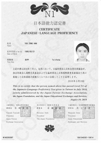游宗翰 - N1合格證書