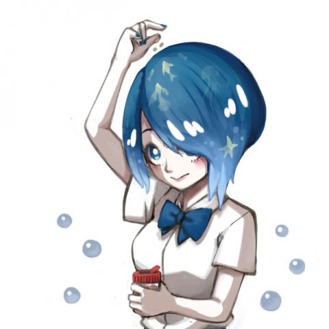 莊婷宇 - 人像插圖-海女
海女的頭髮是由海水構成的，而她正在餵食海洋生物們