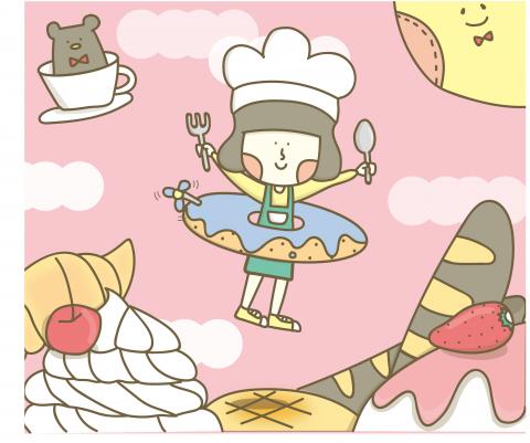 施雨欣 - 假日賞味_包裝主視覺設計
對方為甜點賣家，因此整體都用甜點帶入，以插畫呈現賣家LOGO圖案的女孩，悠遊在甜點世界的意象。