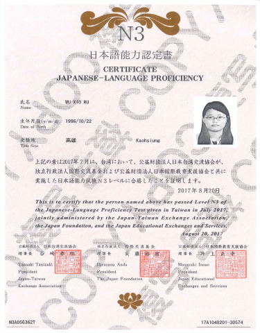 吳曉茹 - 日語檢定證照 N3