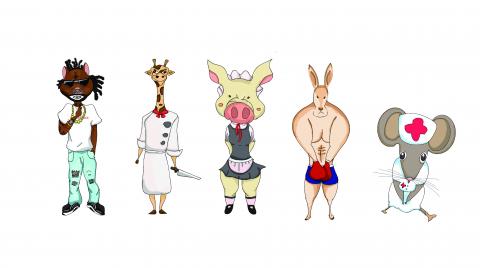 余育承 - 用電繪板畫出的腳色設計，將動物們擬人化，設計各種不同的職業，有饒舌歌手、廚師、女僕、拳擊手、護士。
