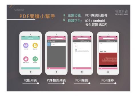 智慧科睿有限公司 - PDF閱讀小幫手 /
主要功能 :PDF閱讀及搜尋 /
軟體平台 : iOS / Android 後台建置 (ROR)
 智慧科睿有限公司 - PDF閱讀小幫手 /
主要功能 :PDF閱讀及搜尋 /
軟體平台 : iOS / Android 後台建置 (ROR)