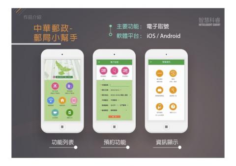 智慧科睿有限公司 - 中華郵政-郵局小幫手 /
主要功能 :電子取號 /
軟體平台 : iOS / Android
 智慧科睿有限公司 - 中華郵政-郵局小幫手 /
主要功能 :電子取號 /
軟體平台 : iOS / Android