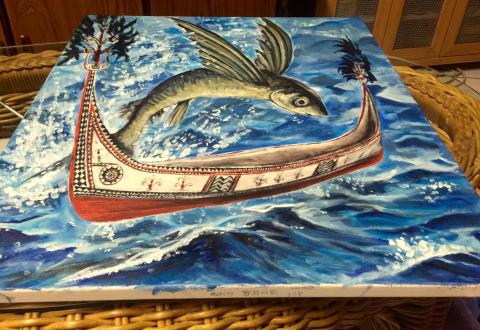 哈蘇爾 3D藝術彩繪XIV Ivers&oslash;n Haisul 3D Art - 名稱：蘭嶼達悟飛魚季
形式：3D藝術繪畫
媒材：油畫 ‧ 畫布 
年代： 2016
尺寸：72.5&times;60.5cm
說明：這幅畫向蘭嶼的族人致敬，每年四五月正值飛魚汛期，也是達悟族人重要傳統文化領域，在飛魚汛期從事水上活動是禁止的，因為會嚴重破壞飛魚生態環境，也影響族人傳統文化進行，此作品用3D藝術繪畫呈現美麗的達悟族拼板舟文化與飛魚跳出水面之美，藉此提醒觀者珍惜尊重台灣的美麗文化與愛護自然生態。