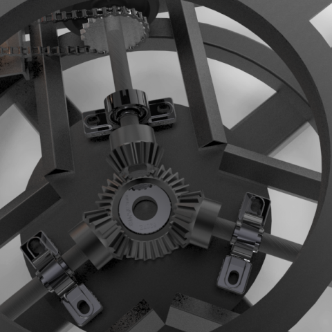 Joshua - 機構設計
利用一比二的傘齒輪配和凸輪去帶動三個支架的上下動作