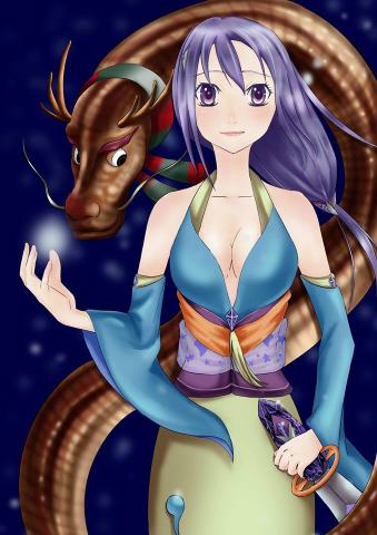 王侑絃 - 自創人物「梅雪祈」的人物形象插畫，背後的龍象徵的是她的能力。
