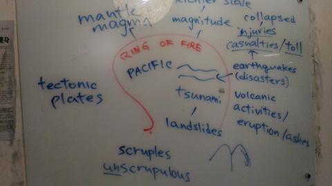 張曉芸 - 教學時我會視情況斟酌方法。視覺型/聽覺型/觸覺型的學生各有不同。這次剛好講到地震相關詞彙，我試著圖文並茂地解說哈哈