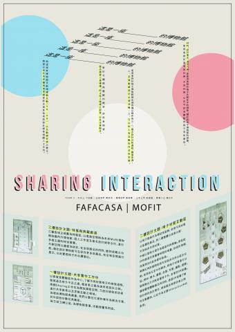 Shihyufu_Design - 「Sharing Interaction」以活潑色系為主視覺，上方以設計背景目的編排為椅子的樣貌，作為呼應椅子博物館主題設計。下方依循椅子面相角度附註內容解析的安排，並加入模型相片以附註說明提案。
107-06-04 逢甲大學跨領域設計學院-Mofit博物館設計課程發表海報