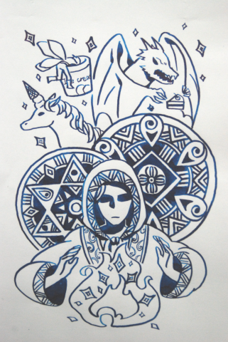 徐巽珩 - 《海報插畫》以單一墨水繪製，因為是魔法的題材，選用帶有腥紅光澤的深藍墨水，讓單一用色當中更顯層次。