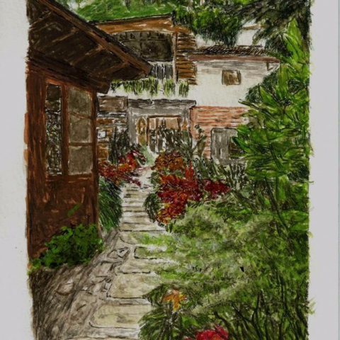 游渝伯 - 苗栗 山形玫瑰咖啡廳手繪明信片店卡