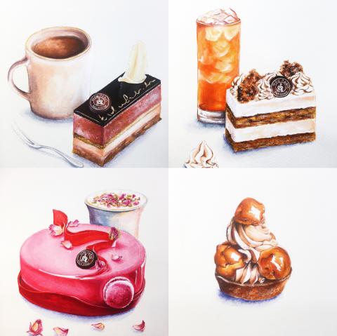 Edie.H - 媒材：甜點

以店家提供其店裡的甜點，由我自由發想適合搭配的飲品，客製化給客人手繪的作品以供其店裡擺設