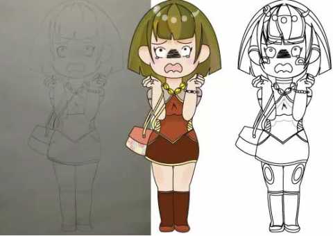 風格插畫 - 學生時代專題。最左圖為學生草稿，中間及最右邊為我的成品。