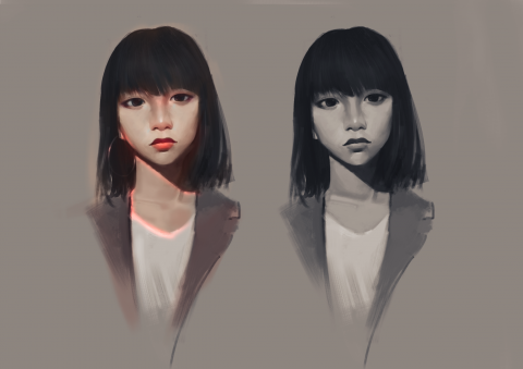 音控 - 在低飽和中加入了高彩，強調了光影交界線。