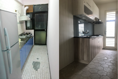 宇淞宇棠營建工程 - 廚房翻修專案98900元(西班牙六角地磚、三合一通風門、櫻花系列系統廚具、烤漆玻璃)
