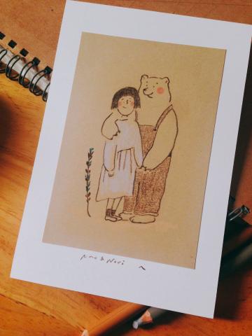 廖婕安 - 送給日本朋友夫婦的卡片。因為先生的個性和長相都很像熊所以就把他畫成一隻大熊。