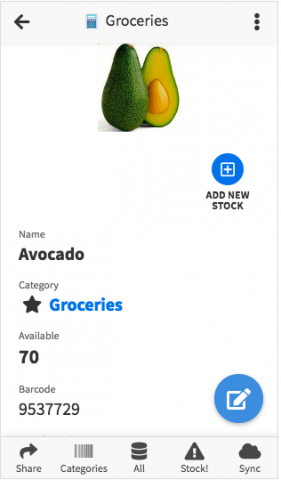 言青 - 作品參考：美國新創公司庫存管理APP-商品細節
支援行動裝置鏡頭掃描Barcode
方便商品管理