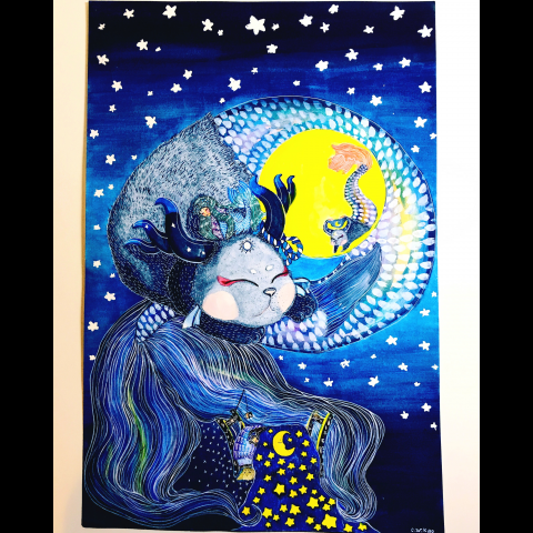 C.W_Kao - ［夜眠］是這幅畫的主題，夢是個很特別的奇幻世界，能天馬行空也能寫實，反應出現代社會的奇妙走向，明明有夢卻因為現實而無法追夢，只能在腦中幻想著如果當初能實現這夢想是不是現在會不一樣....。