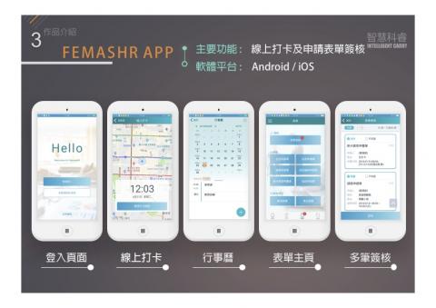 智慧科睿有限公司 - FEMASHR APP /
主要功能 :線上打卡及申請表單簽核 /
軟體平台 : Android / iOS 智慧科睿有限公司 - FEMASHR APP /
主要功能 :線上打卡及申請表單簽核 /
軟體平台 : Android / iOS