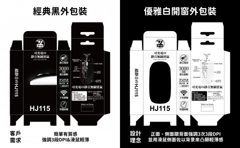 咖啡個人工作室 - 幫朋友公司設計的滑鼠外包裝，想傳達滑鼠輕薄的概念，盒子側邊高度調低，封面用滑鼠側邊展示輕薄