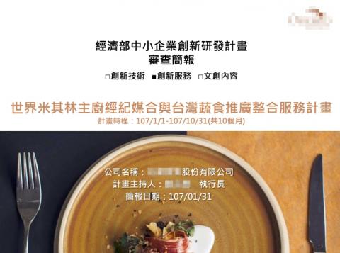 Dory（個人） - 協助台灣高級餐飲業者規劃創新服務模式並撰寫SBIR計畫