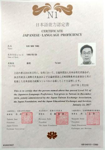 日翻中編譯、初級日文教學 - 日本語能力試驗N1合格證書