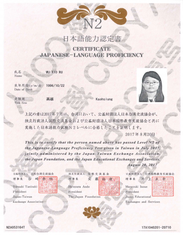 吳曉茹 - 日語檢定證照 N2
