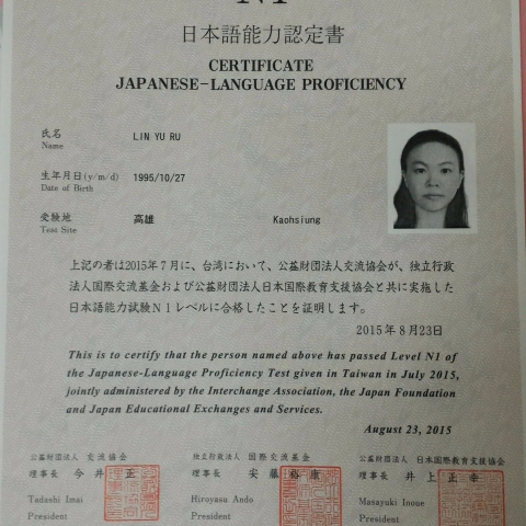 林育如 - N1合格證書