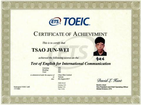 曹峻瑋 - 多益960分
聽力項目滿分