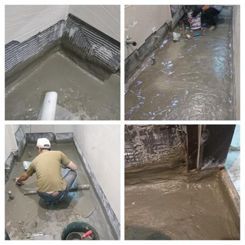巨雅工程行 - 浴室地坪斷水材料施工:
地坪施工的材料是一種玻璃纖維樹酯與水泥混和後的樹酯砂漿，加上抗力纖維網咬合在此層內降低90%以上砂漿層裂開的機會。