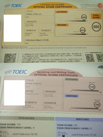 洪 - TOEIC 885
TOEIC S&W 150/190