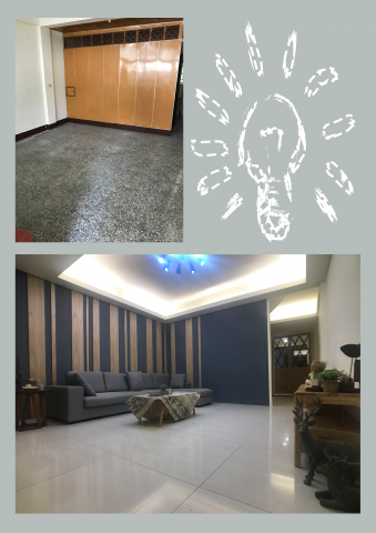 宇淞宇棠營建工程 - 把原有舊式客廳隔間拆除後，經過地磚的更換、木作及油漆的配合打造為鄉村風格客廳，專案價86000元
