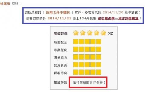 精湛翻譯 - 104外包網
87筆委託紀錄
評價優良