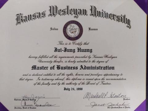 黃瑞容小姐 - 美國堪薩斯衛斯理大學企管碩士學位證書