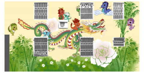 徐巽珩 - 《板橋區龍興社區室外牆面彩繪設計稿》與社區居民討論後，先與同學們一起繪製草圖，我再將草圖以電腦繪圖方式精緻化並且上色，成為定案的設計稿。