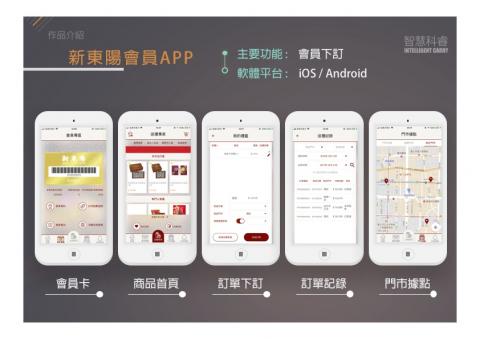 智慧科睿有限公司 - 新東陽會員APP /
主要功能 :會員下訂 /
軟體平台 : iOS / Android
 智慧科睿有限公司 - 新東陽會員APP /
主要功能 :會員下訂 /
軟體平台 : iOS / Android