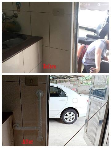 均鎂福祉國際股份有限公司 - 平時出入都習慣從廚房旁邊的側門進出，在母親最常進出的位置，安裝扶手，便於母親出入時能有支撐。