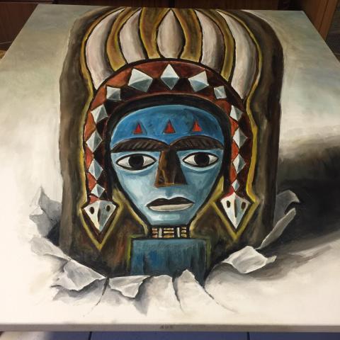 哈蘇爾 3D藝術彩繪XIV Ivers&oslash;n Haisul 3D Art - 名稱：排灣祖靈柱
形式：3D藝術繪畫
媒材：油畫 ‧ 畫布 
年代： 2016
尺寸：100.0&times;80.0cm
說明：傳統排灣頭目家族宮殿中的正廳都會放置祖靈柱，這是整個家族的精神象徵，無論是部落祭儀、部落重大事情討論等，都必須在祖靈柱前透過詢問祖靈的方式來決定。通常在祖靈柱上會有祖先的雕像，雕像的頭部環繞一條雙頭蛇，上方為一條百步蛇。這些百步蛇的圖紋彰顯了祖先做為頭目的崇高地位。
