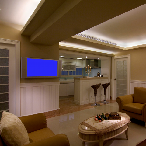 上堤空間設計 - 美式休閒-以腰牆設計環繞整體空間利用顏色的雨格柵造型營造美式風格