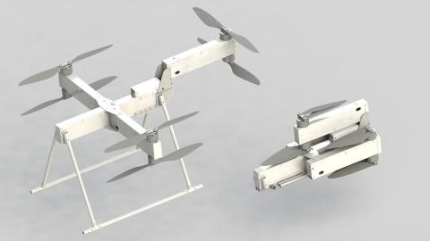 機構設計［Eric Lou］ - 多旋翼無人機，可載重20公斤，飛行時間30分鐘。我負責螺旋槳布局，機構、馬達與控制板之機電整合，整機機構設計，快拆收摺運動機構。